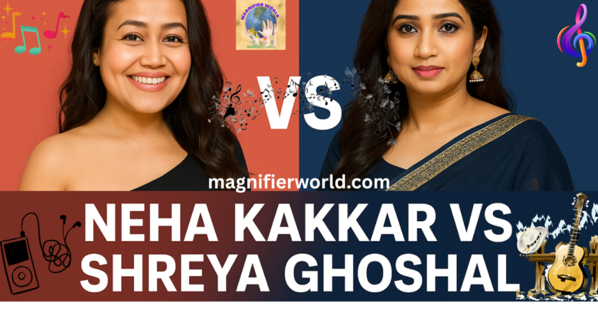 Split image of Neha Kakkar and Shreya Ghoshal with "VS" in the centre, representing a comparison of the two Indian playback singers on magnifierworld.com.
